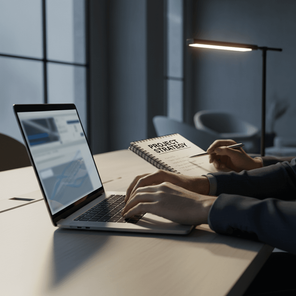 Professional consulting work in progress at laptop