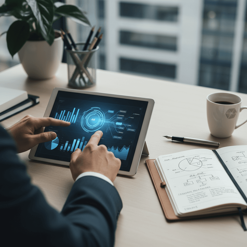 Business consultant reviewing digital transformation strategy on laptop